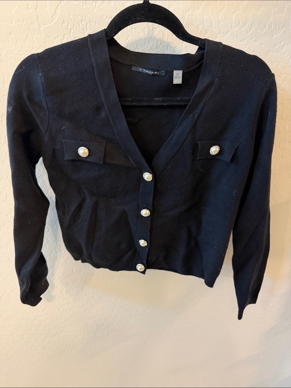 Tahari Black V-Neck Cardigan with Pearl Buttons